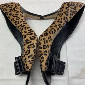 Kate Spade Leopard Peep Toe Heels Size 8 1/2 Calf Hair with Black Patent Bow
